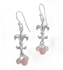 Sterling Silver Fleur-de-lis Stone Cluster Drop Earrings, Rose Quartz