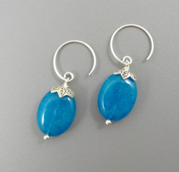 Sterling Silver Oval Stone Drop on Circle Hook Earrings, Blue