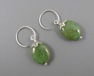Sterling Silver Oval Stone Drop on Circle Hook Earrings, Green