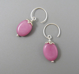 Sterling Silver Oval Stone Drop on Circle Hook Earrings, Pink