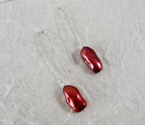 Sterling Silver Stick Pearl Ear Thread, Red