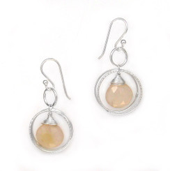 Sterling Silver Circle Charms Frame Stone Drop Earrings, Brown Moonstone