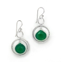 Sterling Silver Circle Charms Frame Stone Drop Earrings, Green Onyx