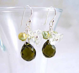 Sterling Silver Flower Crystal Stone Cluster Drop Earrings, Olive