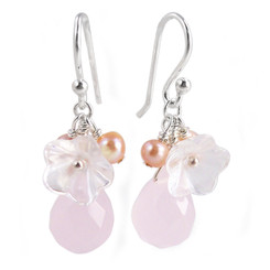 Sterling Silver Flower Crystal Stone Cluster Drop Earrings, Pink