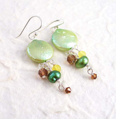 Sterling Silver Coin Pearl Mix Stones Cascading Drop Earrings, Green