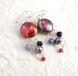 Sterling Silver Coin Pearl Mix Stones Cascading Drop Earrings, Red