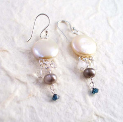 Sterling Silver Coin Pearl Mix Stones Cascading Drop Earrings, White