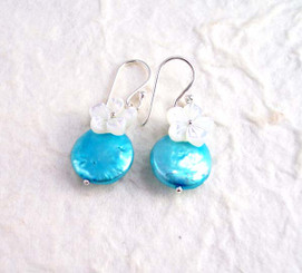 Sterling Silver "Bahama" Cultured Coin Pearl & Carved Mother-of-pearl Flower Earrings, Aqua