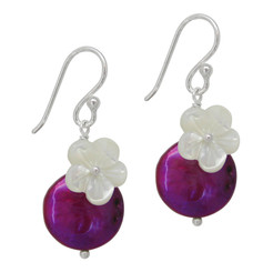 Sterling Silver "Bahama" Cultured Coin Pearl & Carved Mother-of-pearl Flower Earrings, Fuchsia