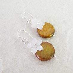 Sterling Silver "Bahama" Cultured Coin Pearl & Carved Mother-of-pearl Flower Earrings, Gold