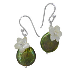 Sterling Silver "Bahama" Cultured Coin Pearl & Carved Mother-of-pearl Flower Earrings, Olive
