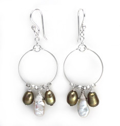 Sterling Silver Circle Wire Keshi and Pearls Drop Earrings, Olive