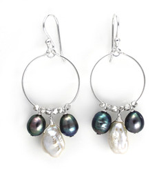 Sterling Silver Circle Wire Keshi and Pearls Drop Earrings, Peacock