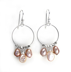 Sterling Silver Circle Wire Keshi and Pearls Drop Earrings, Pink