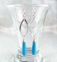 Sterling Silver Eliptical Charm Long Stone Drop Earrings, Turquoise
