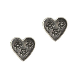 Sterling Silver Flowers Imprinted Heart Stud Earrings