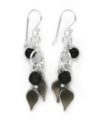 Sterling Silver Enamel Leaves and Stones Cascading Drop Earrings, Black
