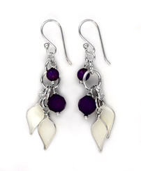 Sterling Silver Enamel Leaves and Stones Cascading Drop Earrings, Purple