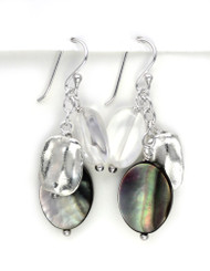 Sterling Silver Oval Shell Silver and Stone Bead Drop Earrings, Black