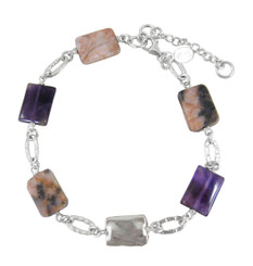 Sterling Silver Textured Oval Charm Silver Bead and Stone Link Bracelet