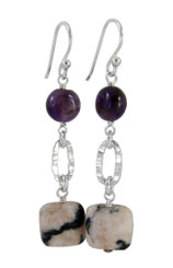 Sterling Silver Textured Oval Charm Silver Bead and Stone Drop Earrings