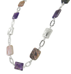 Sterling Silver Textured Oval Charm Silver Bead and Stone Link Necklace