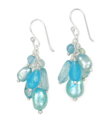 Sterling Silver Cultured Pearl and Mix Stones Cluster Drop Earrings, Blue