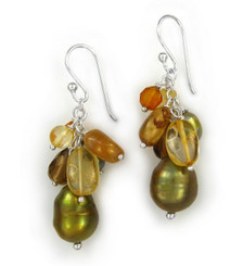 Sterling Silver Cultured Pearl and Mix Stones Cluster Drop Earrings, Gold