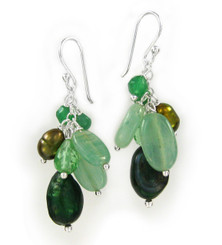 Sterling Silver Cultured Pearl and Mix Stones Cluster Drop Earrings, Green