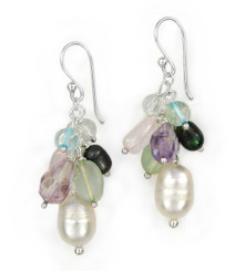 Sterling Silver Cultured Pearl and Mix Stones Cluster Drop Earrings, White