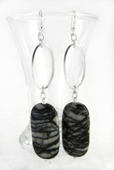 Rectangle Zebra Jasper on Beveled Oval Drop Earrings