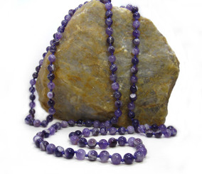 Long Strand of Knotted 8mm Round Stone Necklace, Amethyst