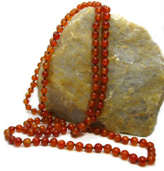 Long Strand of Knotted 8mm Round Stone Necklace, Carnelian