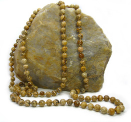 Long Strand of Knotted 8mm Round Stone Necklace, Picture Jasper
