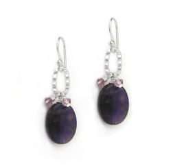 Sterling Silver Texture Oval Charm Crystal Accent Stone Drop Earrings, Amethyst