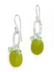 Sterling Silver Texture Oval Charm Crystal Accent Stone Drop Earrings, Green Jade