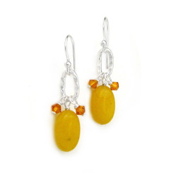 Sterling Silver Texture Oval Charm Crystal Accent Stone Drop Earrings, Honey Jade