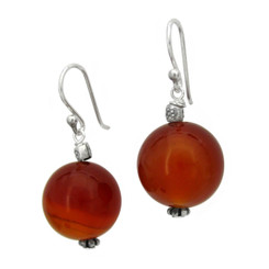 Sterling Silver 14mm Round Stone Accent Bead Drop Earrings, Carnelian