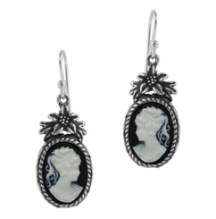 Sterling Silver Flower Topped Resin Cameo Earrings - Black