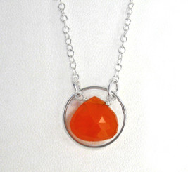 Sterling Silver Circle Charm Center Teardrop Stone Chain Necklace, Carnelian