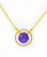 Gold Plated Sterling Silver Circle Charm Center Teardrop Stone Chain Necklace, Amethyst