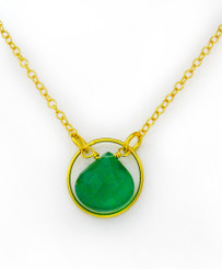 Gold Plated Sterling Silver Circle Charm Center Teardrop Stone Chain Necklace, Green Onyx