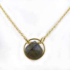 Gold Plated Sterling Silver Circle Charm Center Teardrop Stone Chain Necklace, Labradorite