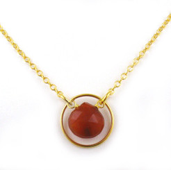 Gold Plated Sterling Silver Circle Charm Center Teardrop Stone Chain Necklace, Red Chalcedony
