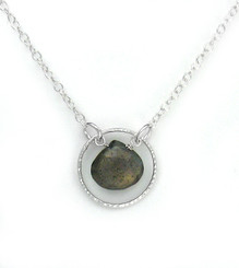 Sterling Silver Circle Charm Center Teardrop Stone Chain Necklace, Labradorite