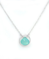 Sterling Silver Circle Charm Center Teardrop Stone Chain Necklace, Ocean Blue