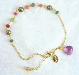 Gold Plated Sterling Silver Mix Stones and Cultured Pearls Link Bracelet, Amethyst
