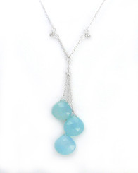 Sterling Silver Three Teardrop Stones Chain Necklace, Blue Chalcedony