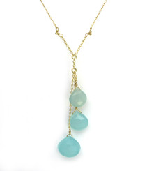 Gold Plated Sterling Silver Three Teardrop Stones Chain Necklace, Blue Chalcedony